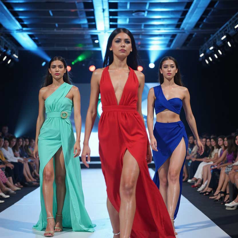 Three high fashion models walking on a catwalk, they are wearing different colored flowing dresses