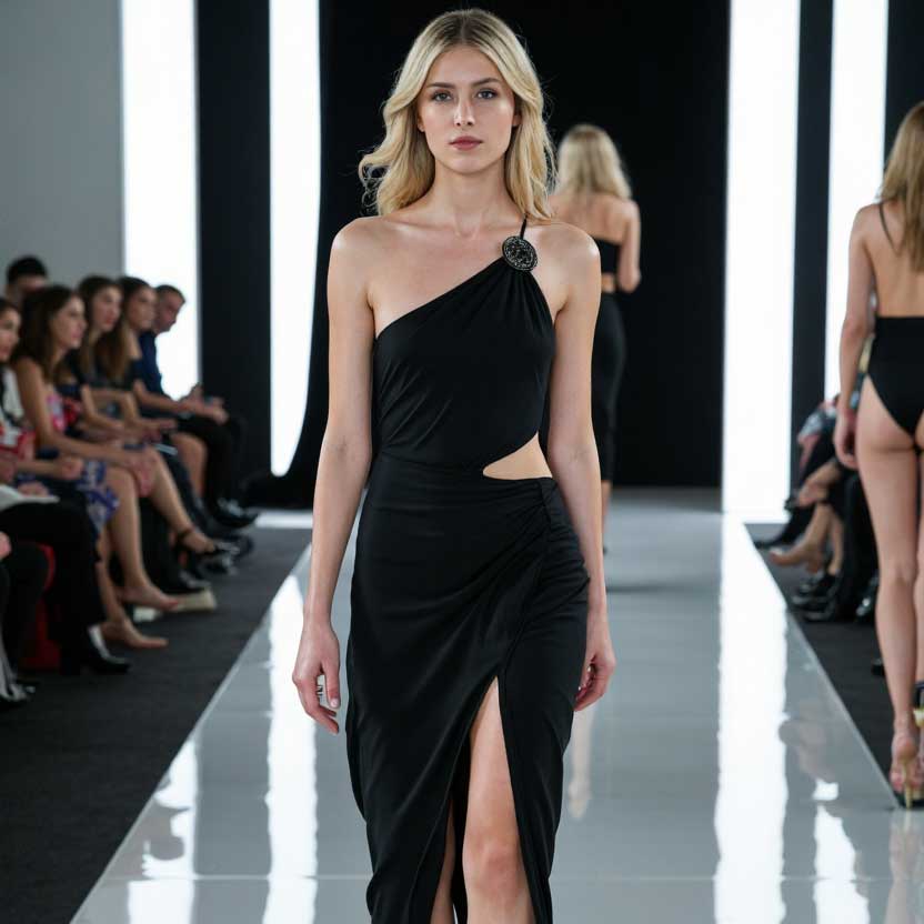 One model walking on a fashion runway she is wearing an elegant black dress
