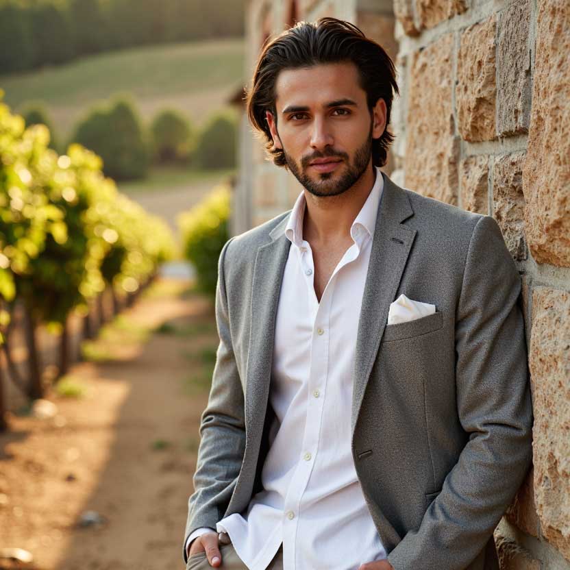 AI-generated men's fashion photography showcasing sophisticated business attire