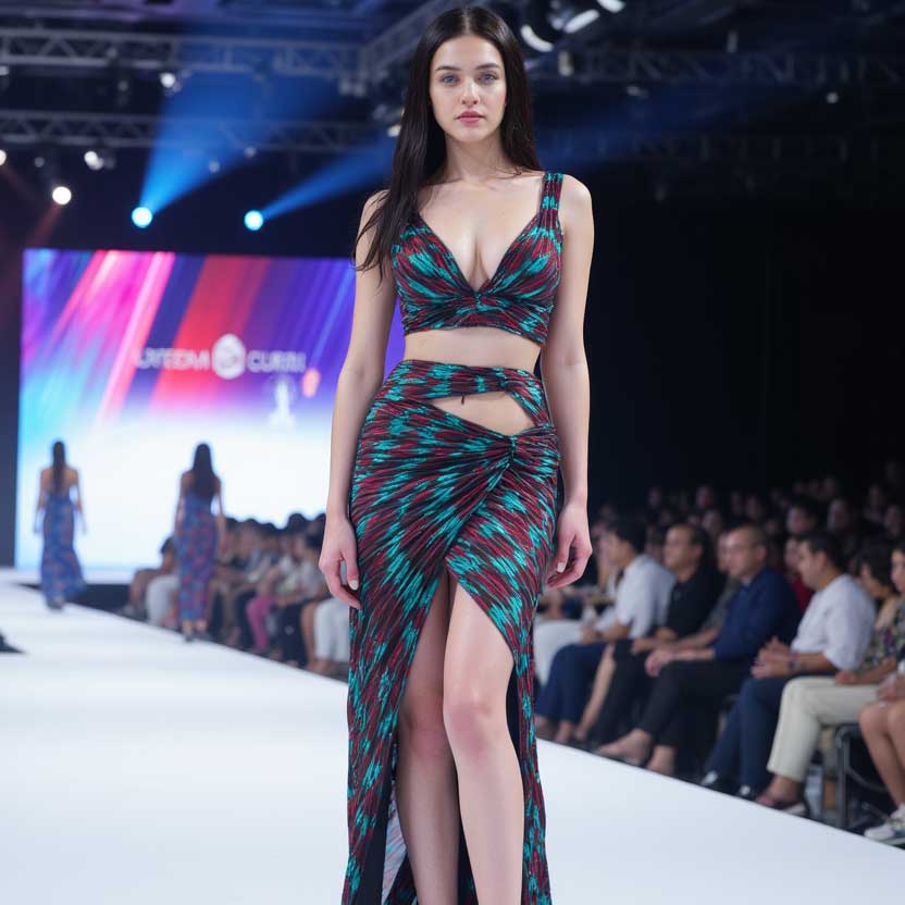 One beautiful model walking on a catwalk she is wearing an stunning patterened teal and maroon dress